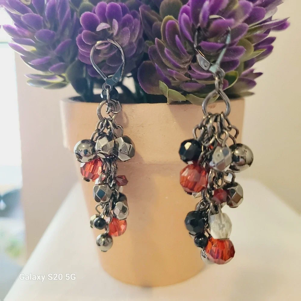 Dangle‎ Drop Bead Earrings Silver Red Black Cluster Party Jewelry